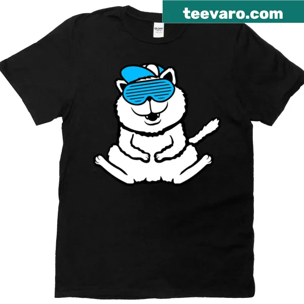 T-shirt featuring a fun graphic of cat sunglasses with slits.