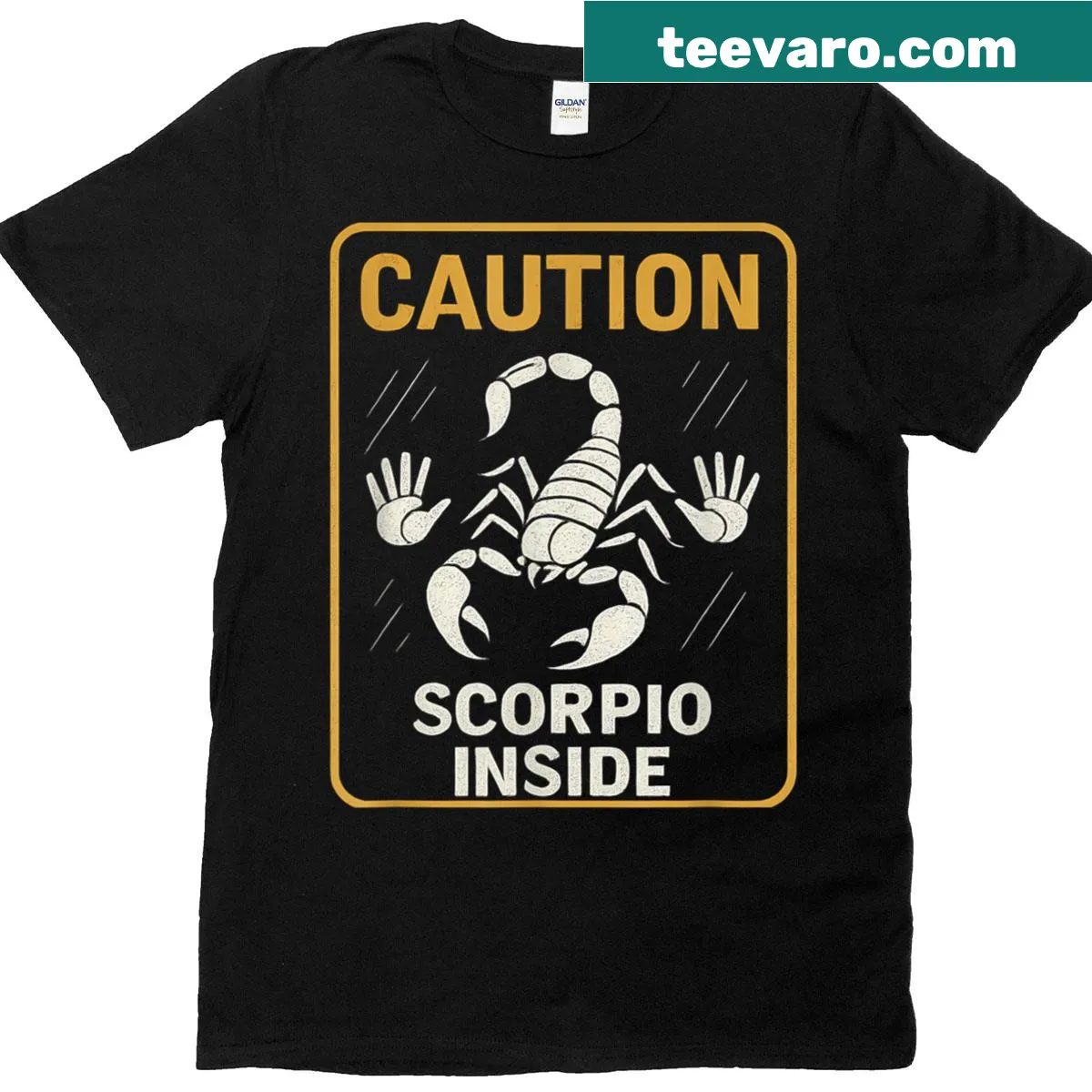 Scorpio zodiac warning label graphic t-shirt — on a men's t-shirt