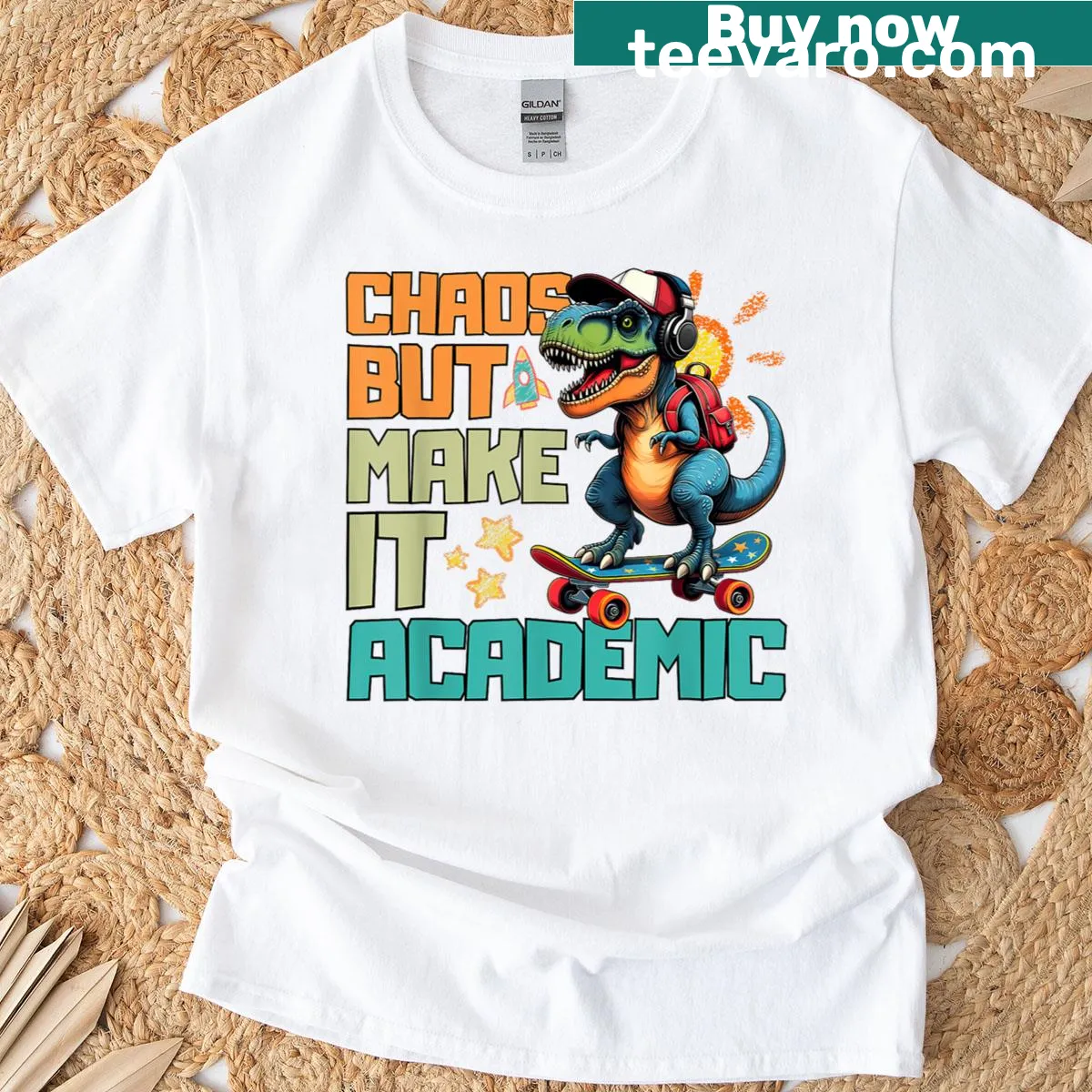 Funny back-to-school T-shirt with the phrase 'Chaos But Make It Academic'. — on a men's t-shirt