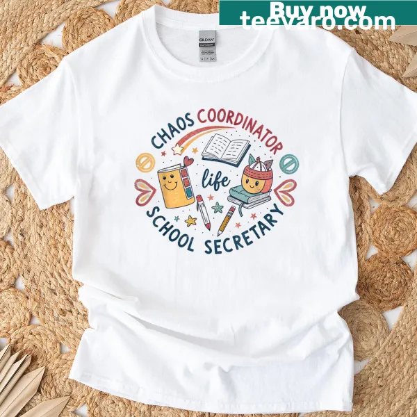 Funny T-shirt for school secretaries with 'Chaos Coordinator' text design.