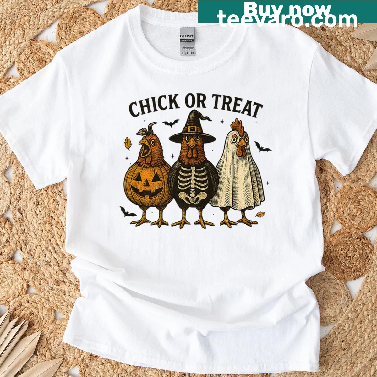 Funny Chick Or Treat Halloween T-shirt featuring cartoon design — on a men's t-shirt