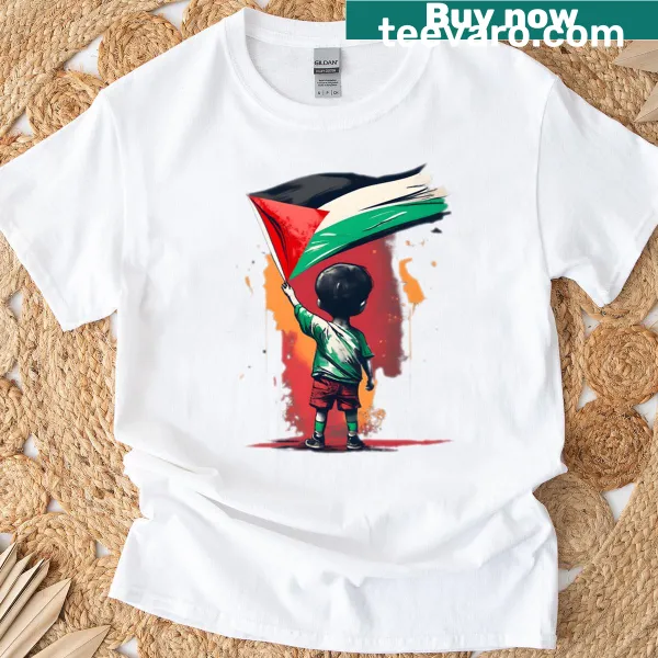 Illustration of a child holding the Palestine flag.