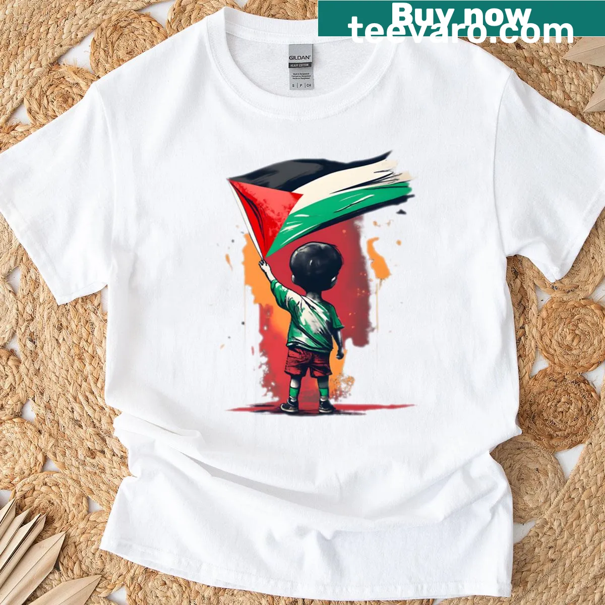 Illustration of a child holding the Palestine flag. — on a men's t-shirt