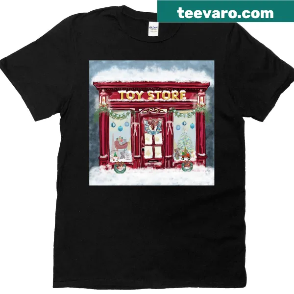 Illustration of a whimsical Christmas toy store on a t-shirt