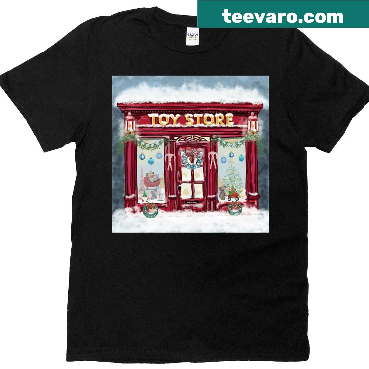 Illustration of a whimsical Christmas toy store on a t-shirt — on a men's t-shirt