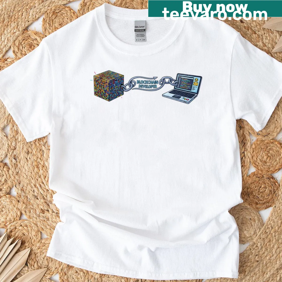 Blockchain-themed T-shirt with playful programming typography — on a men's t-shirt