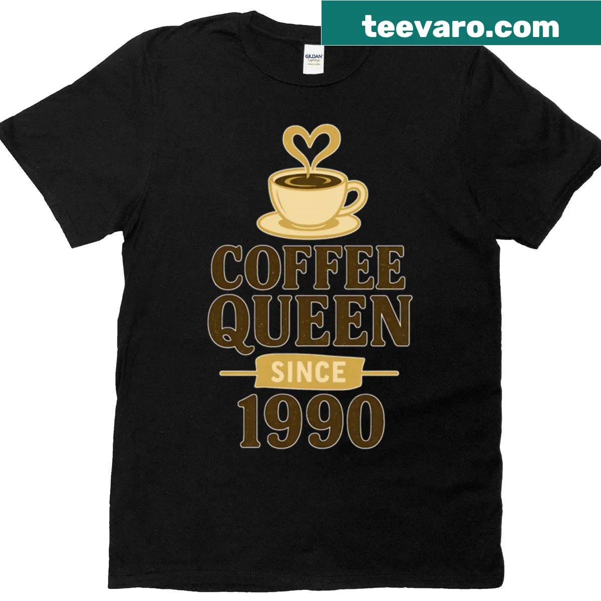 Funny Coffee Queen t-shirt with vintage latte heart cup design — on a men's t-shirt
