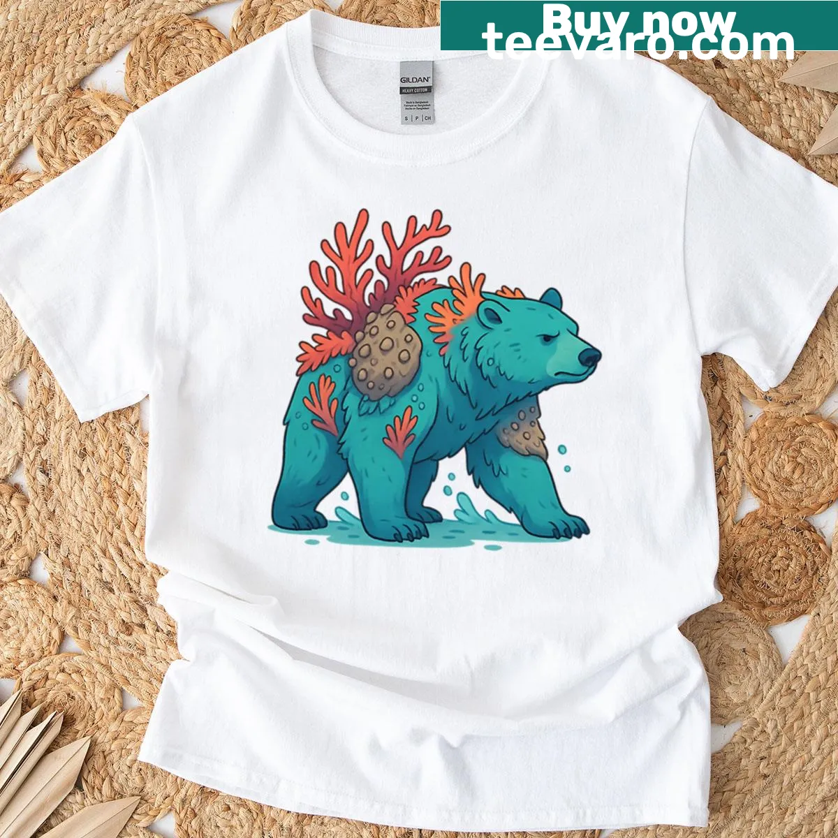 Illustration of a coral bear representing ocean guardianship — on a men's t-shirt