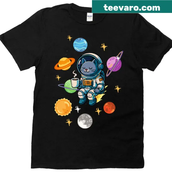Cat astronaut floating in space with coffee in galaxy scene