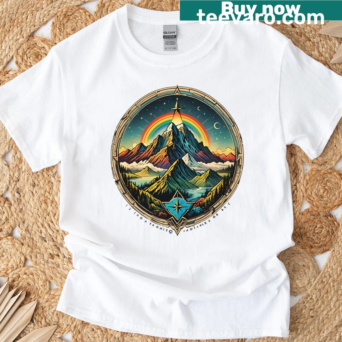 Retro mountain landscape graphic on a Cosmic Peaks T-shirt — on a men's t-shirt