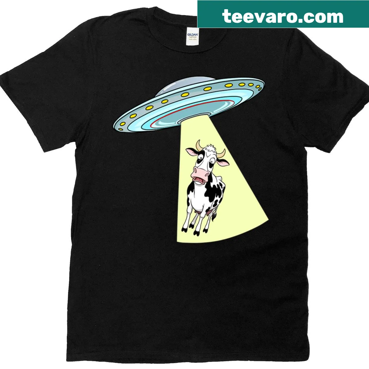 Cartoon cow being abducted by a UFO with humorous text — on a men's t-shirt
