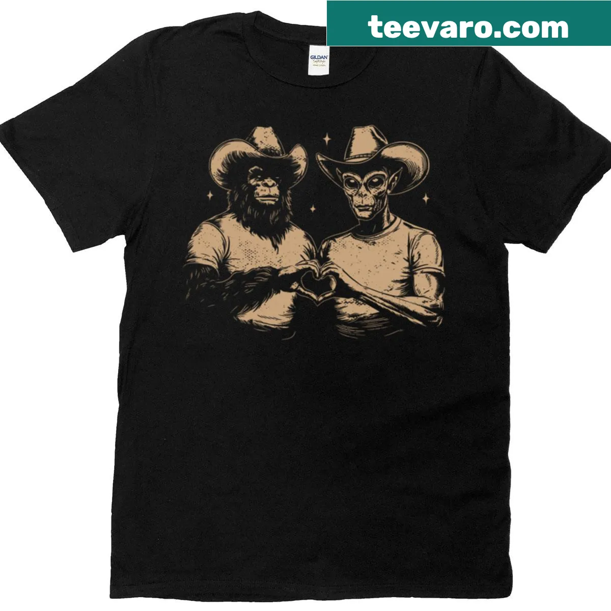 Vintage-style Cowboy Sasquatch and alien graphic on T-shirt — on a men's t-shirt