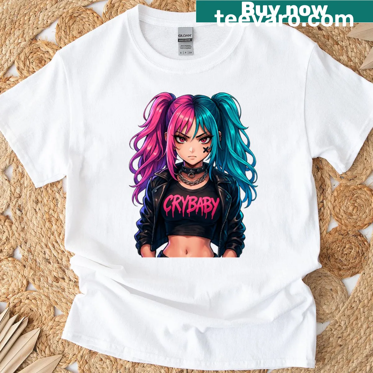 Bold illustration of a Crybaby Anime Girl on a T-shirt — on a men's t-shirt