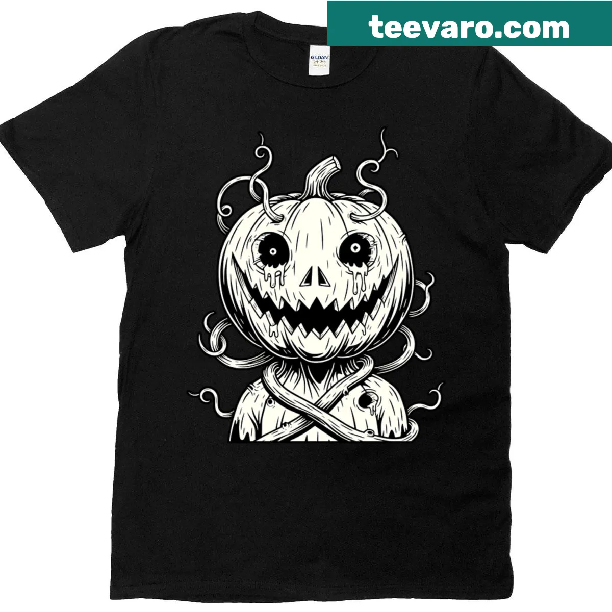 Illustration of a crying pumpkin head design. — on a men's t-shirt