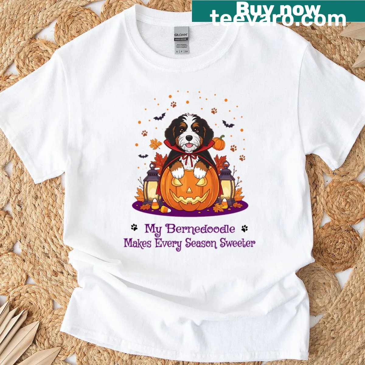 Cartoon Bernedoodle as Dracula on a Halloween T-shirt — on a men's t-shirt