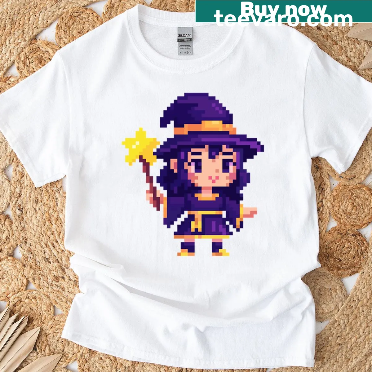 Cute pixel art witch graphic T-shirt — on a men's t-shirt
