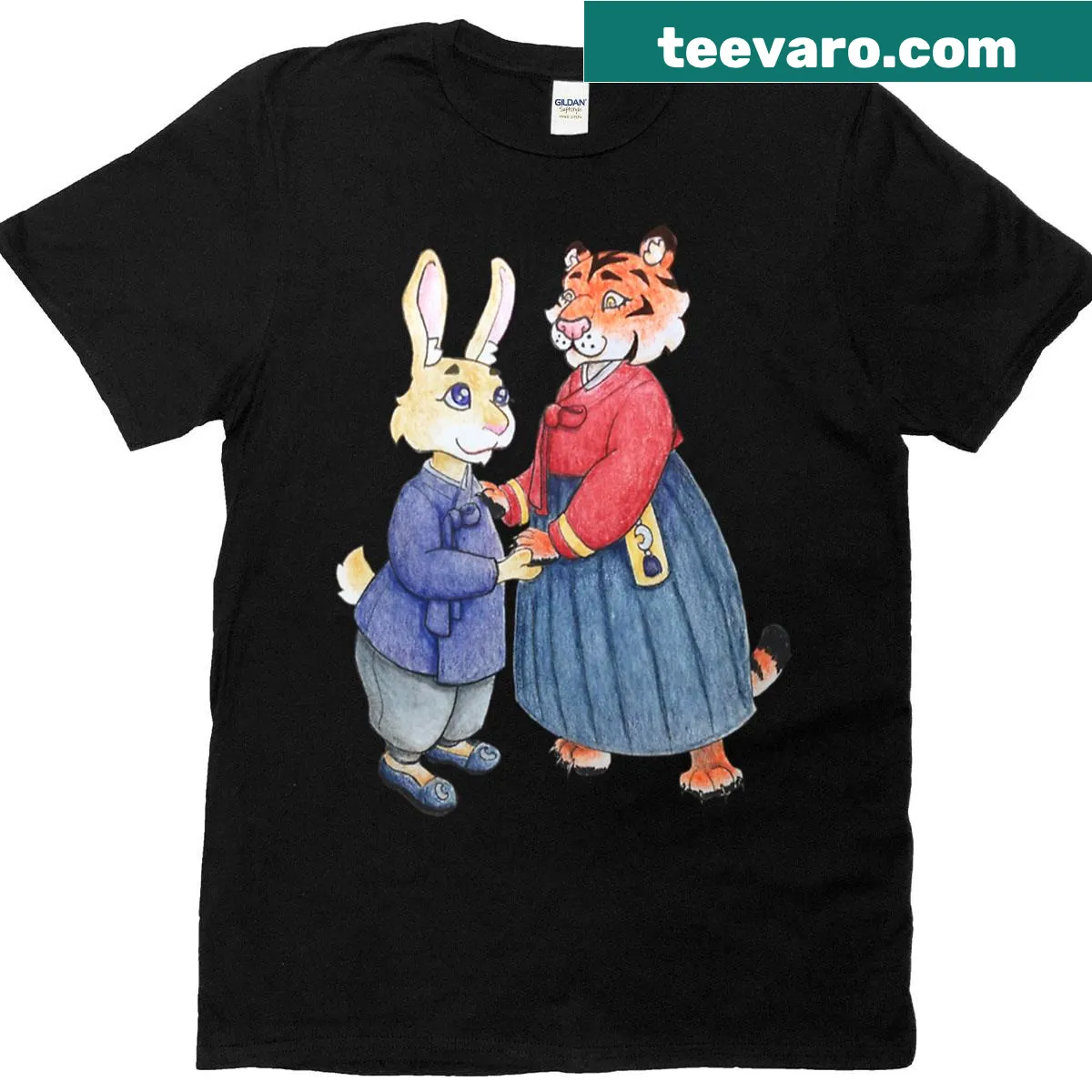 Cute rabbit and tiger couple graphic on a t-shirt — on a men's t-shirt