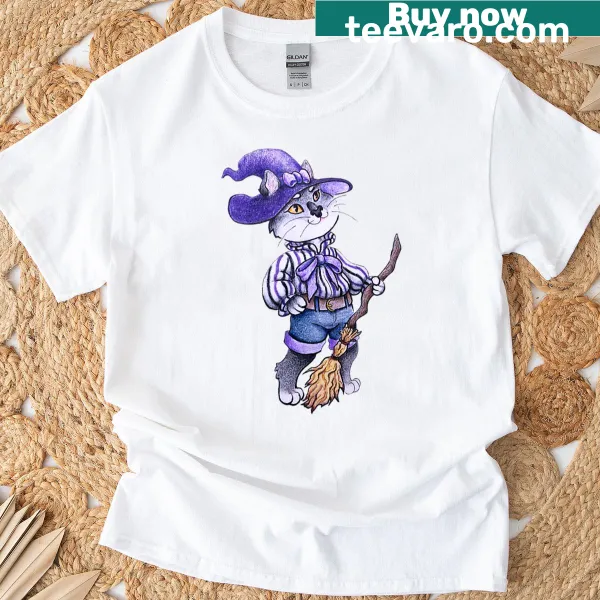 Illustration of a cat dressed as a witch on a t-shirt