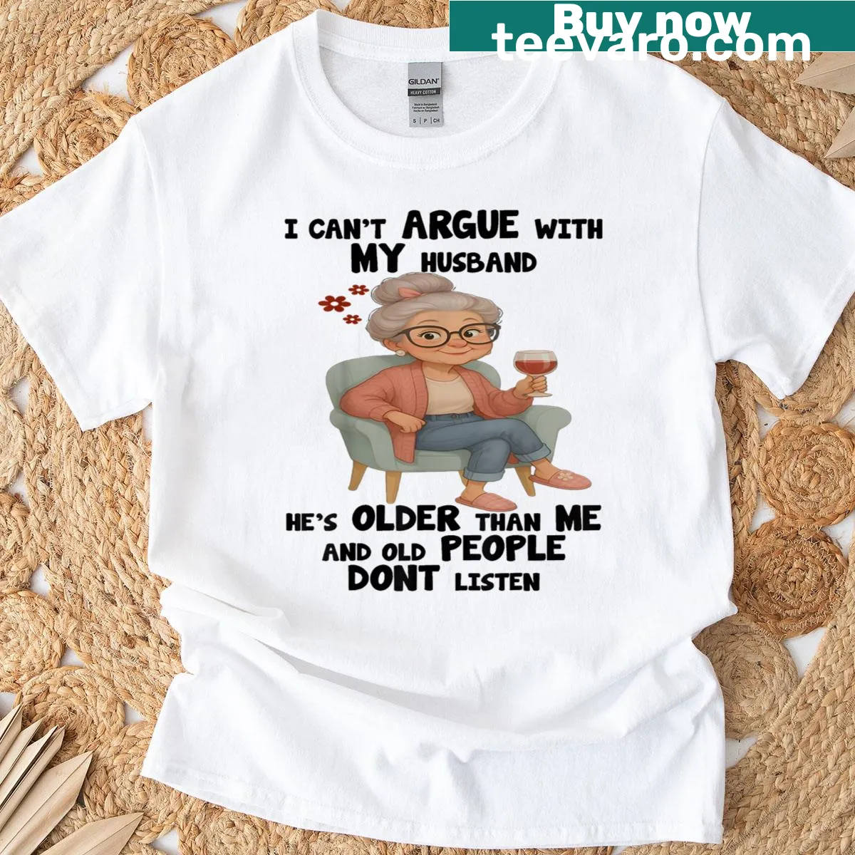 Funny shirt with text about arguing with older husband. — on a men's t-shirt