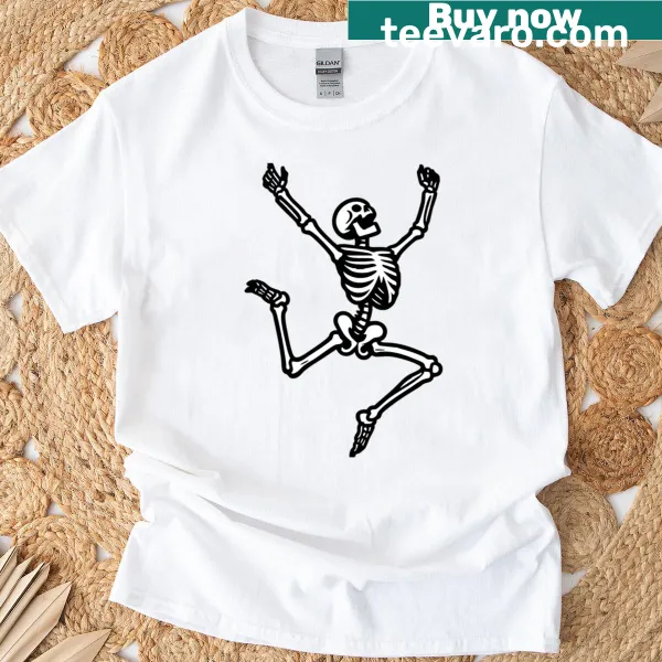 Cartoon dancing skeletons pattern on a Halloween t-shirt