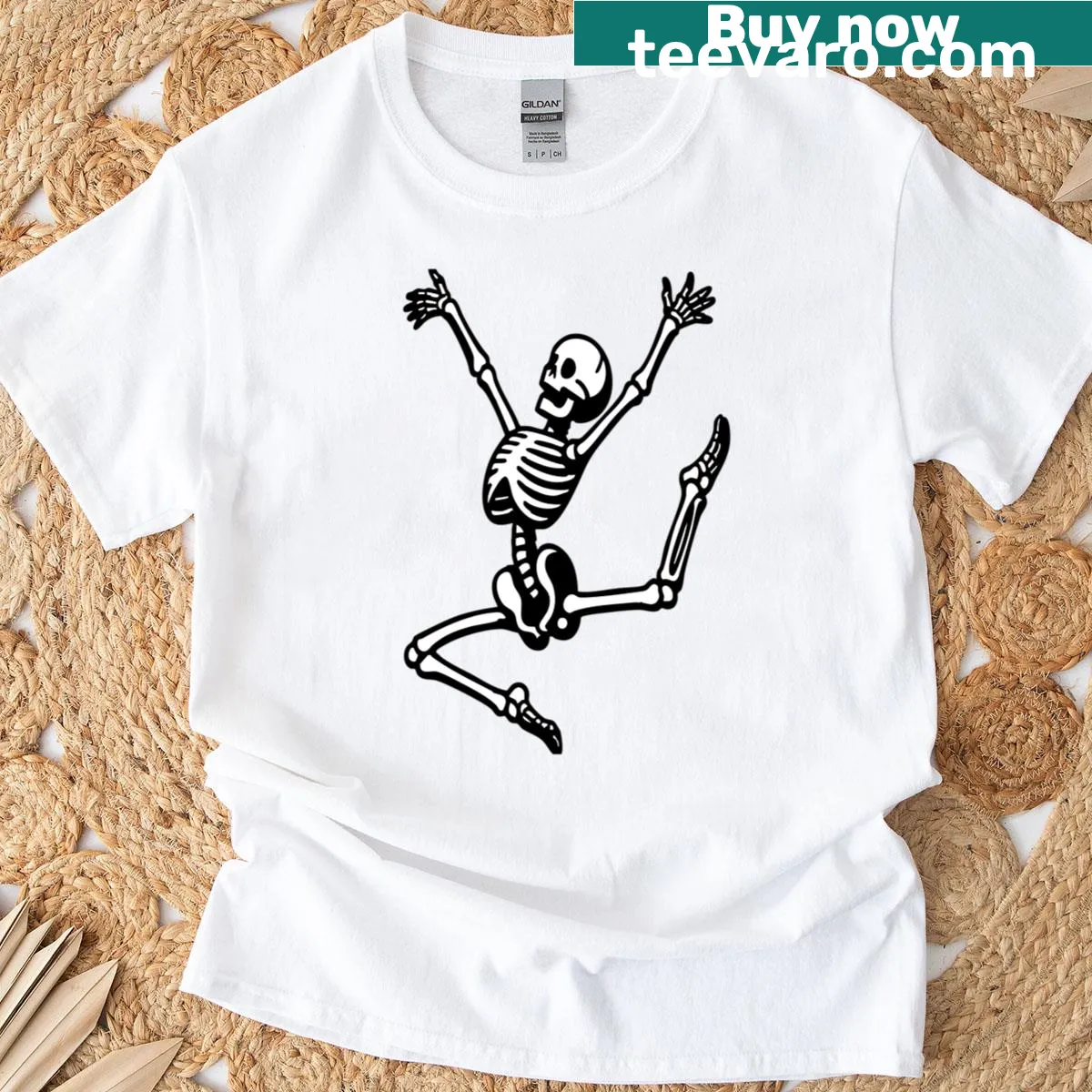 Cartoon dancing skeleton pattern T-shirt for Halloween — on a men's t-shirt