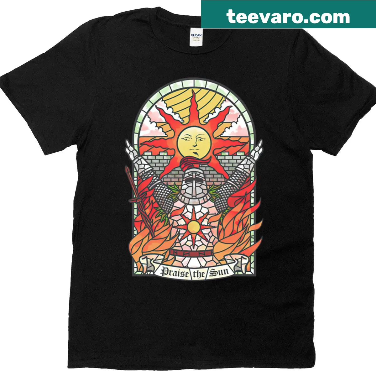Illustrative tee with 'Praise The Sun' text and fantasy elements — on a men's t-shirt