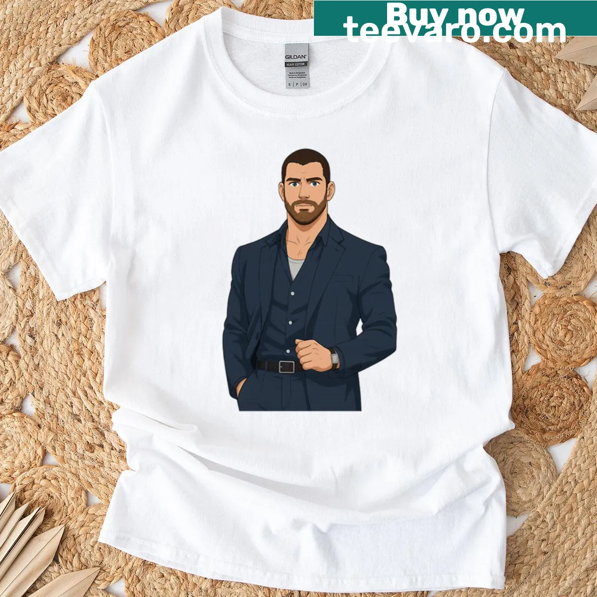 Anime style graphic of David Corenswet on a t-shirt — on a men's t-shirt