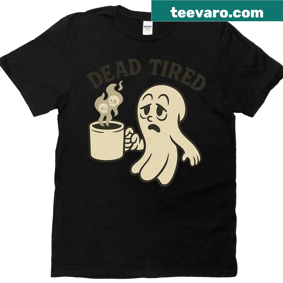 Vintage cartoon ghost holding coffee on T-shirt design — on a men's t-shirt