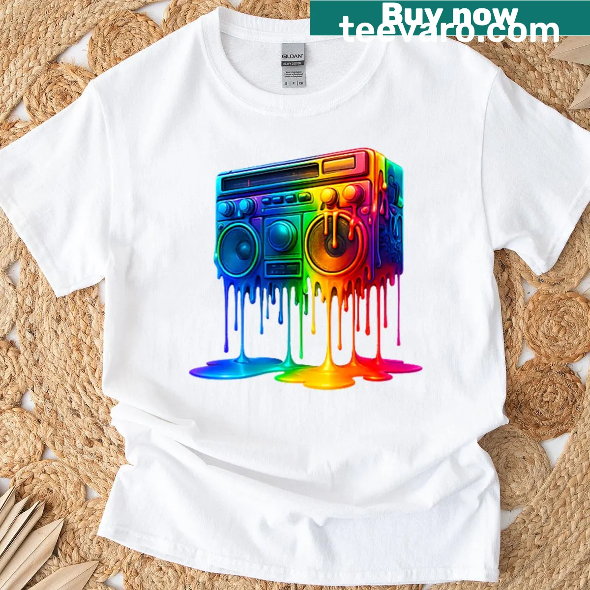 Retro boombox design with dripping paint on a T-shirt — on a men's t-shirt