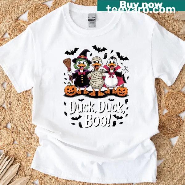 Cartoon Duck Duck Boo Halloween t-shirt for kids featuring a spooky goose