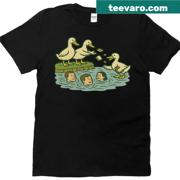 Cartoon t-shirt showing ducks feeding humans