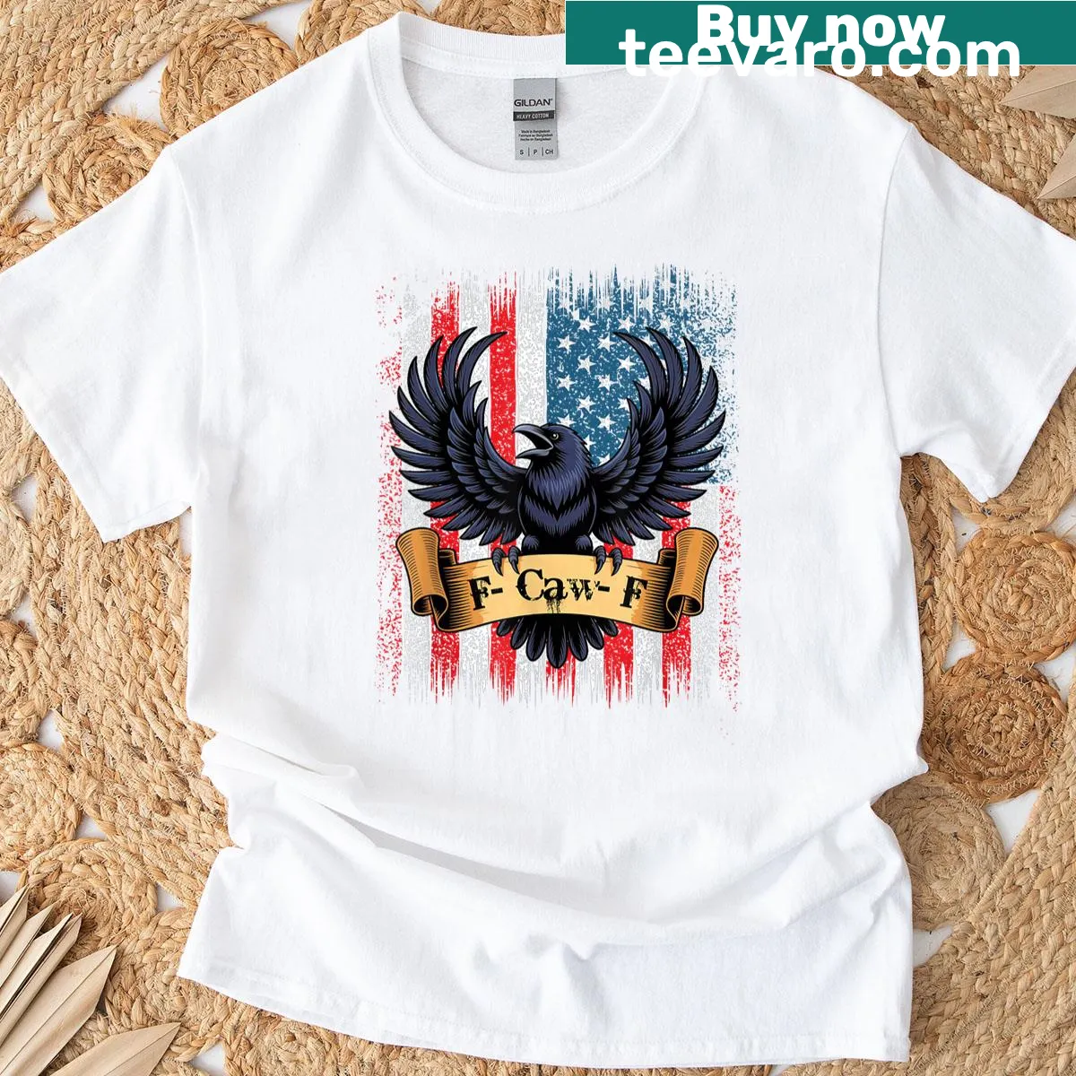 Vintage crow graphic with USA flag background — on a men's t-shirt