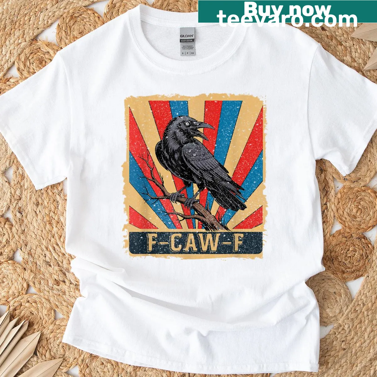Funny crow graphic t-shirt with dark humor elements — on a men's t-shirt