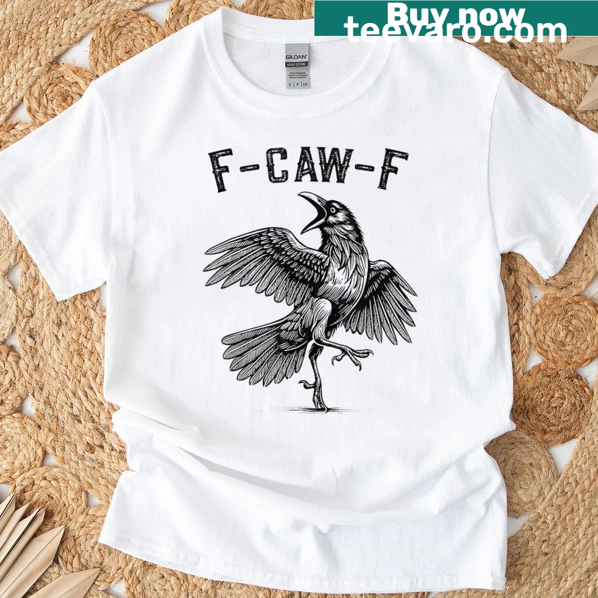 Whimsical black crow illustration with text 'F-caw-f'. — on a men's t-shirt