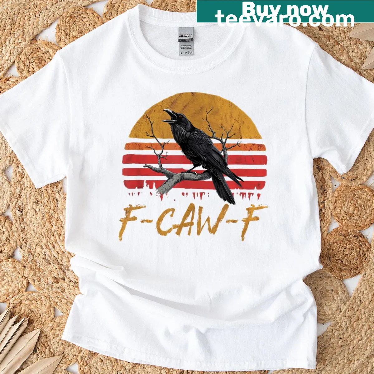 Vintage-style T-shirt featuring a black raven and sarcastic text, F-caw-f — on a men's t-shirt