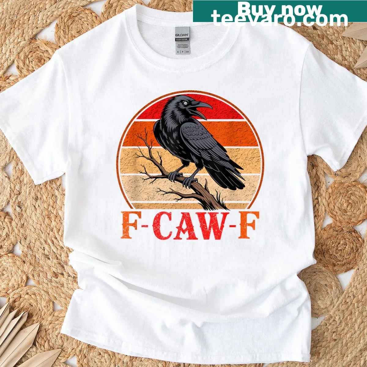 Gothic-style T-shirt featuring a raven and humorous text, F Caw F — on a men's t-shirt