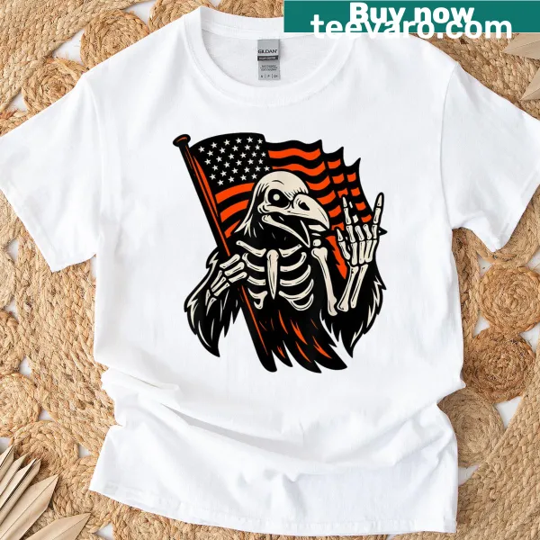 Gothic skeleton crow design for Halloween on T-shirt.