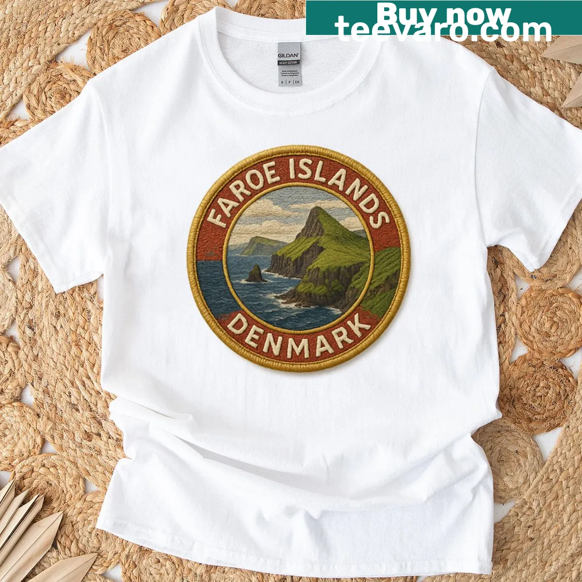 Embroidered T-shirt depicting the scenic beauty of Faroe Islands — on a men's t-shirt