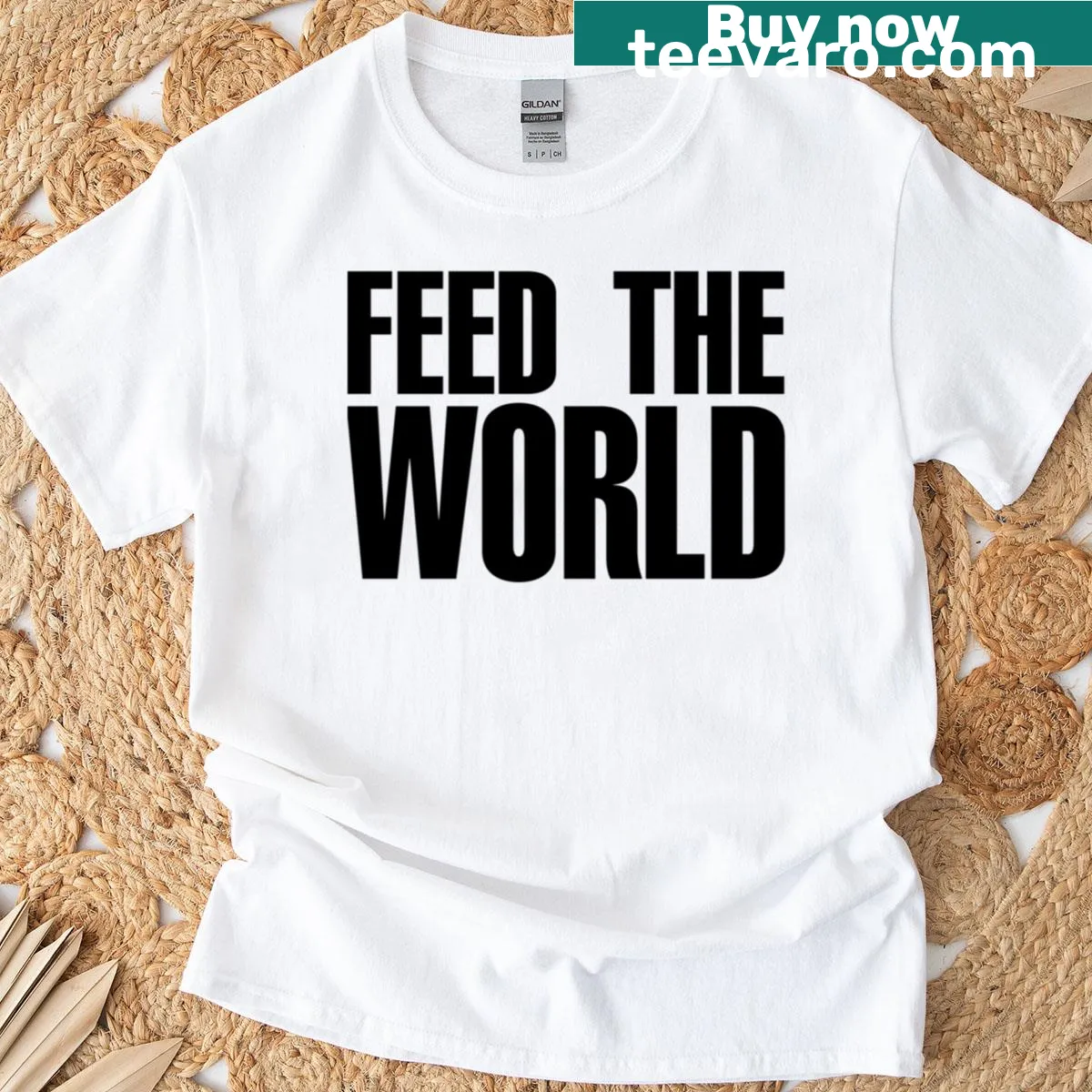 Retro T-shirt inspired by the 1984 'Feed The World' anthem — on a men's t-shirt