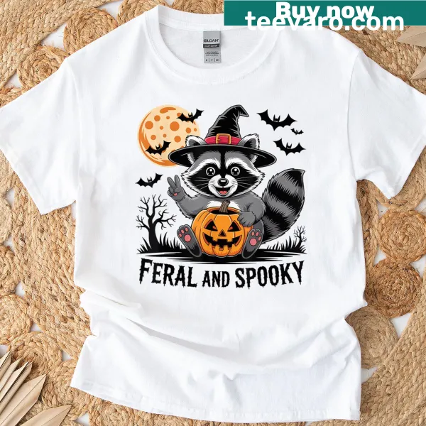 Humorous T-shirt with an illustration of a raccoon ghost saying 'Trick or Trash.'