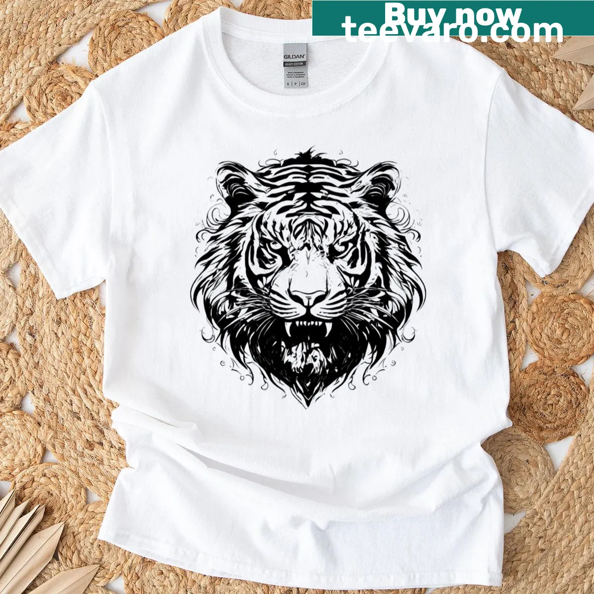 Tribal tiger head ink art graphic on T-shirt — on a men's t-shirt