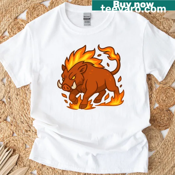 T-shirt featuring a fierce fire elemental boar, embodying the spirit of the wild.