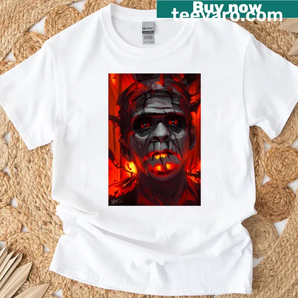 Illustration of Frankenstein emerging from flames on a T-shirt