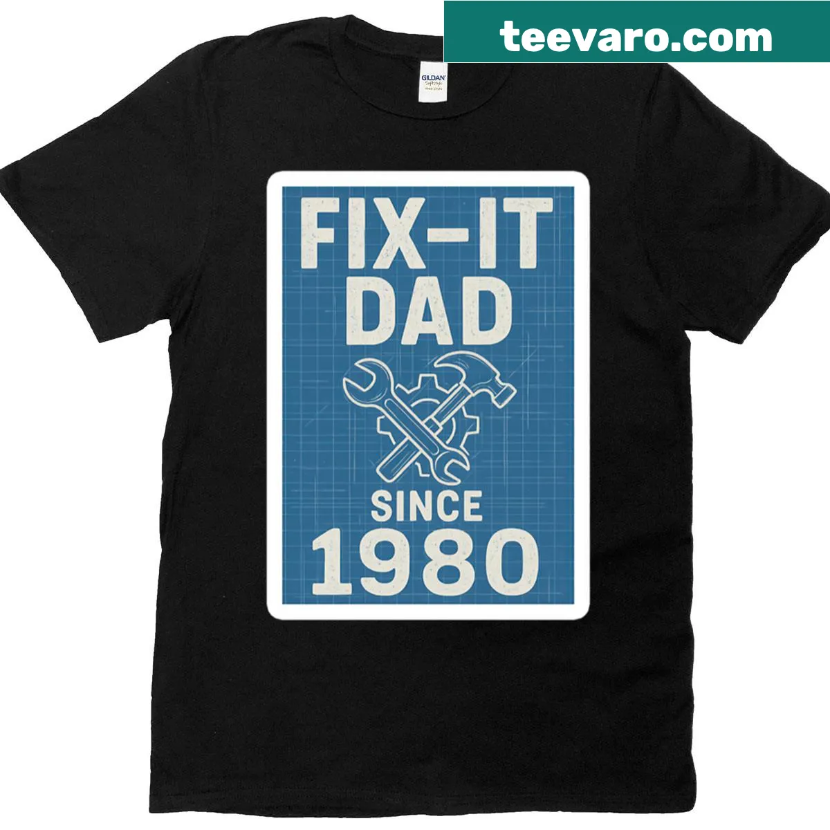 Retro T-shirt celebrating handy dads with blueprint tools design — on a men's t-shirt