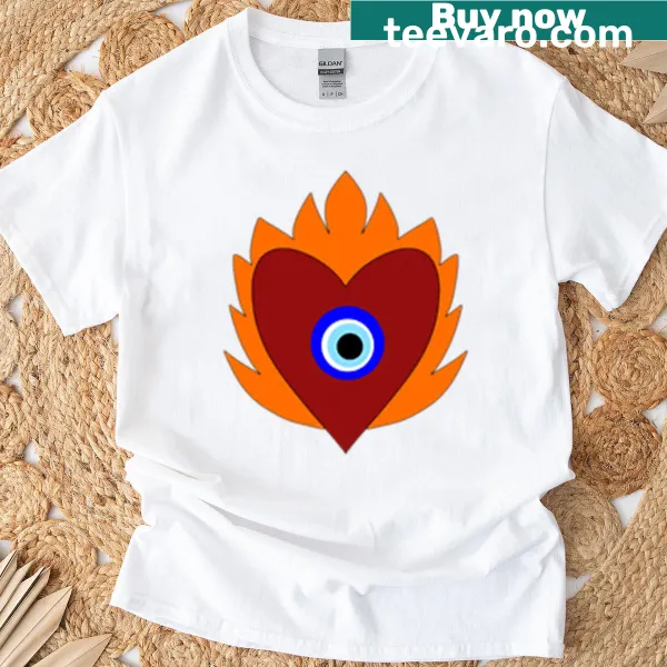 Graphic of a flaming heart and Nazar eye on T-shirt