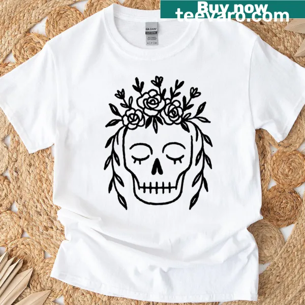 Floral design T-shirt featuring a calavera for Dia De Los Muertos
