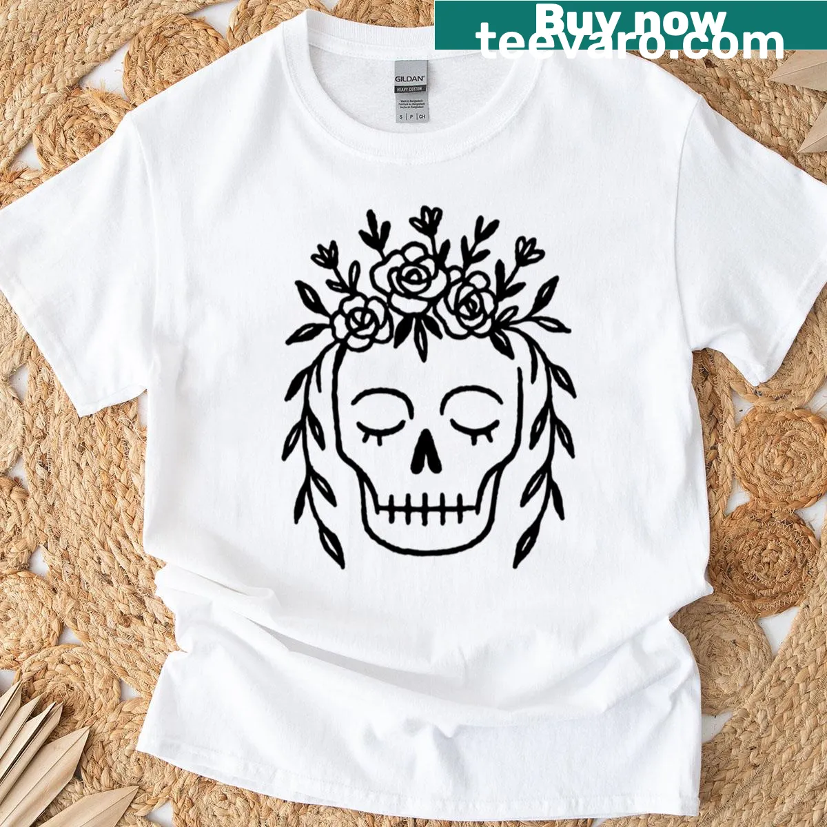 Floral design T-shirt featuring a calavera for Dia De Los Muertos — on a men's t-shirt