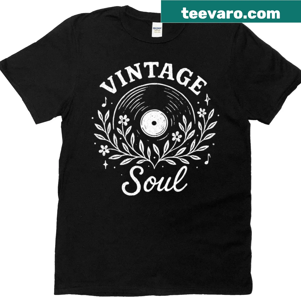 Vintage music T-shirt with floral vinyl record design. — on a men's t-shirt