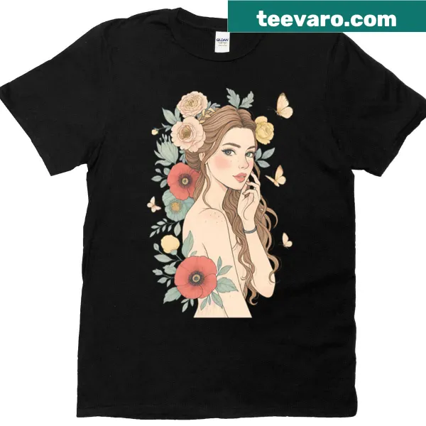 Floral woman portrait with butterflies and poppies on a t-shirt