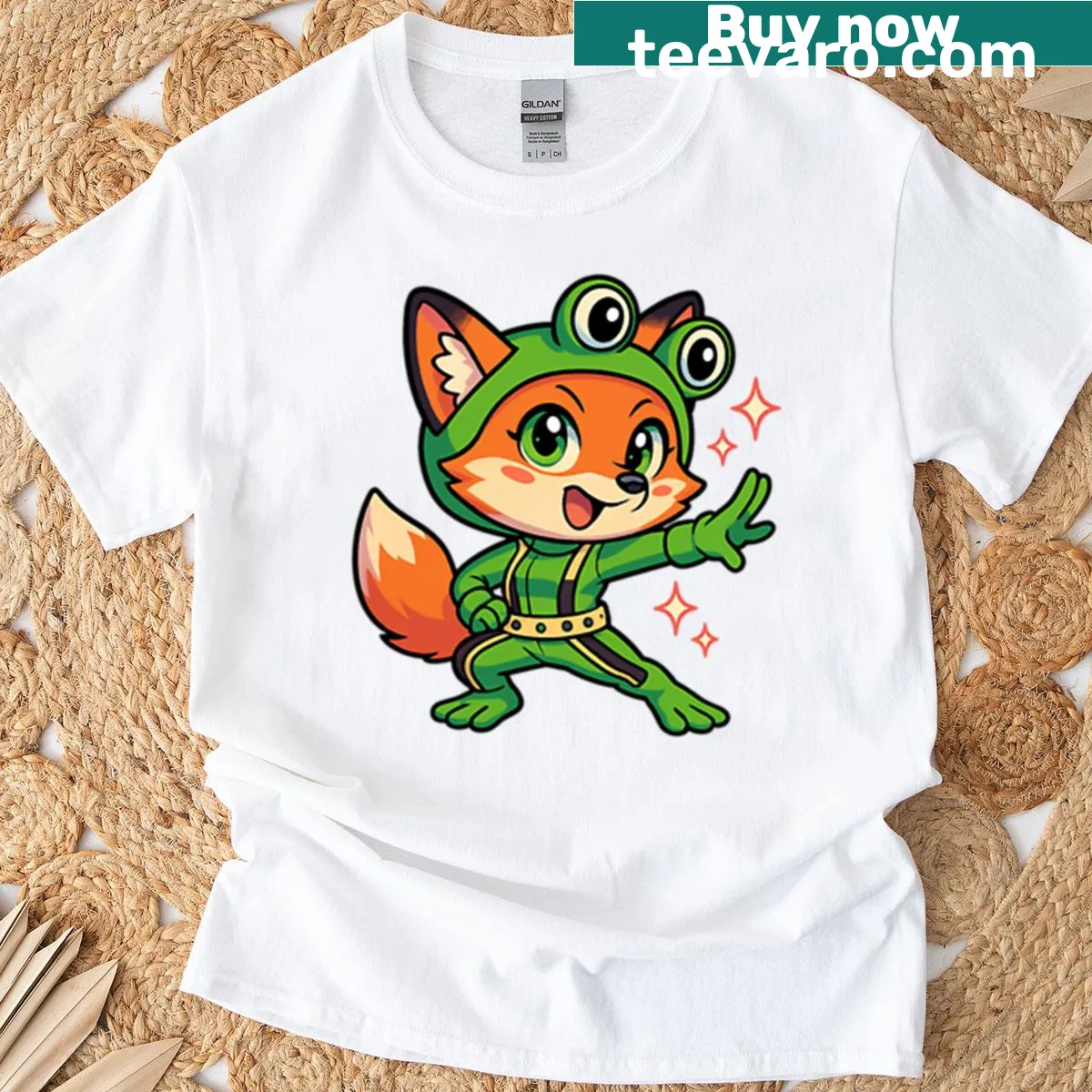 Cartoon fox dressed as Froppy on a T-shirt — on a men's t-shirt